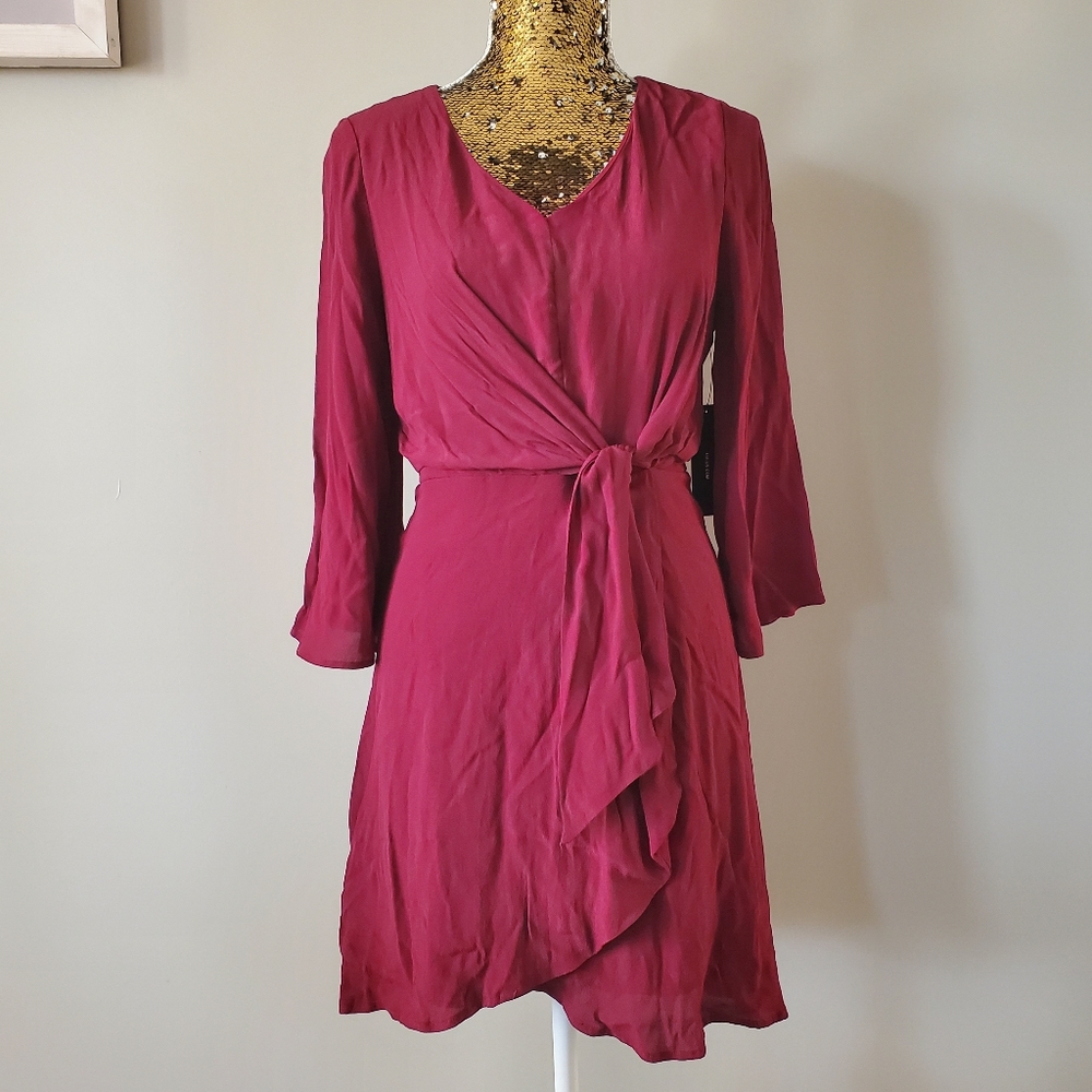 Lulus's Faux Wrap Mini Dress in Wine